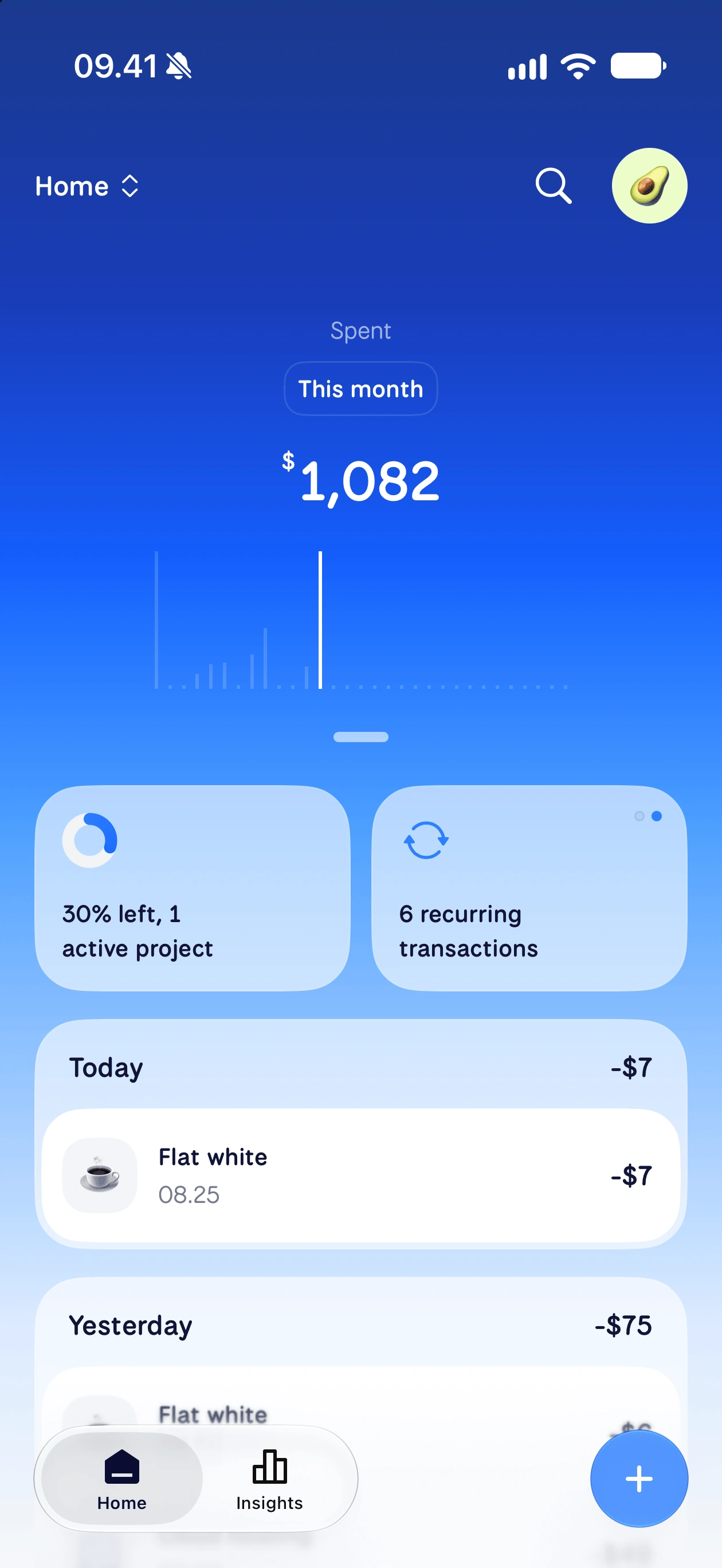Monato’s Home screen showing monthly spending, a bar chart, and recent transactions.